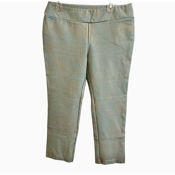 Soft Surroundings Palladium Blue Gold Patterned Ponte Pants Straight Leg Large - Picture 1 of 6